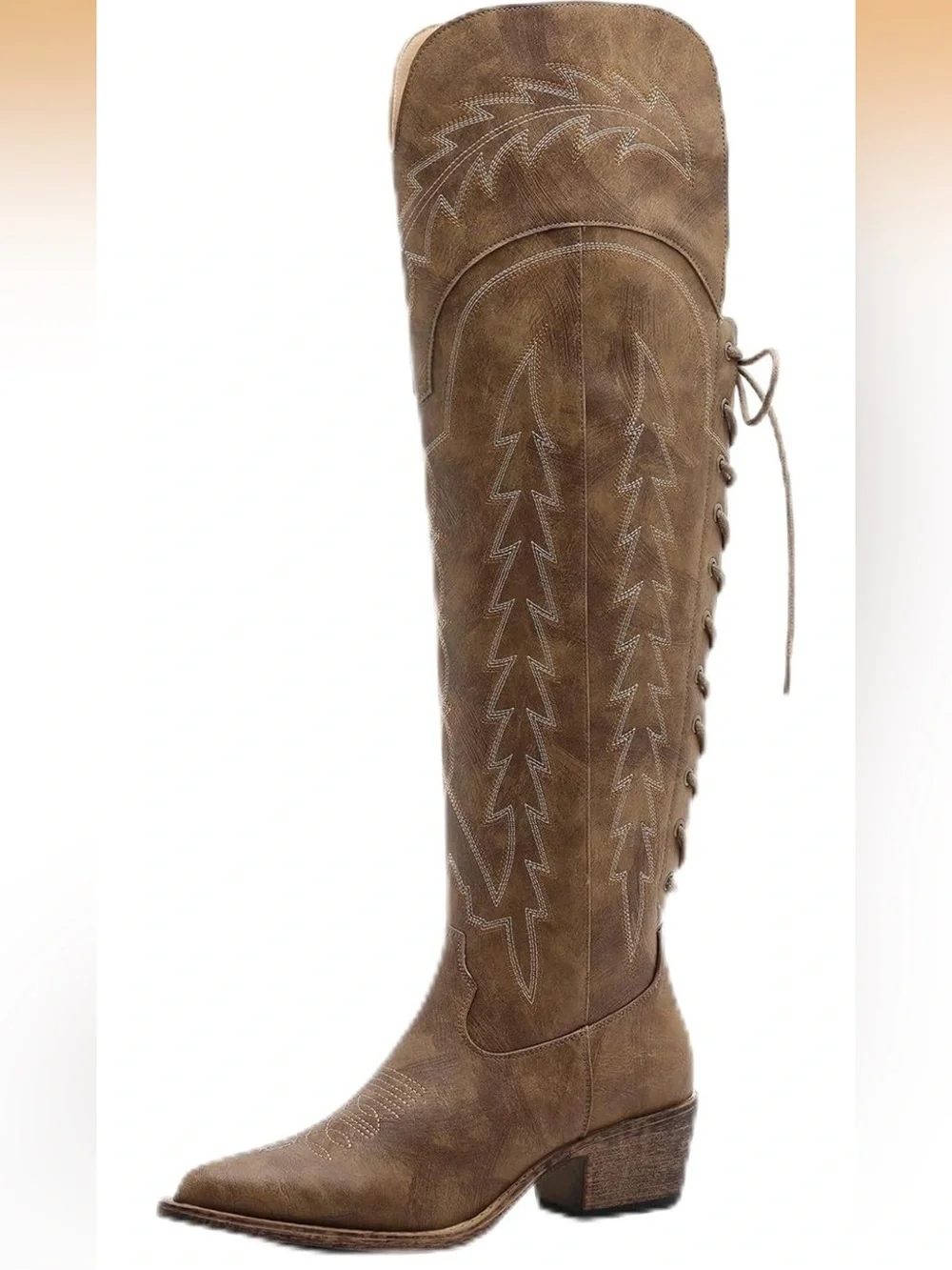 Brown Lace-Up Western Over Knee Boots